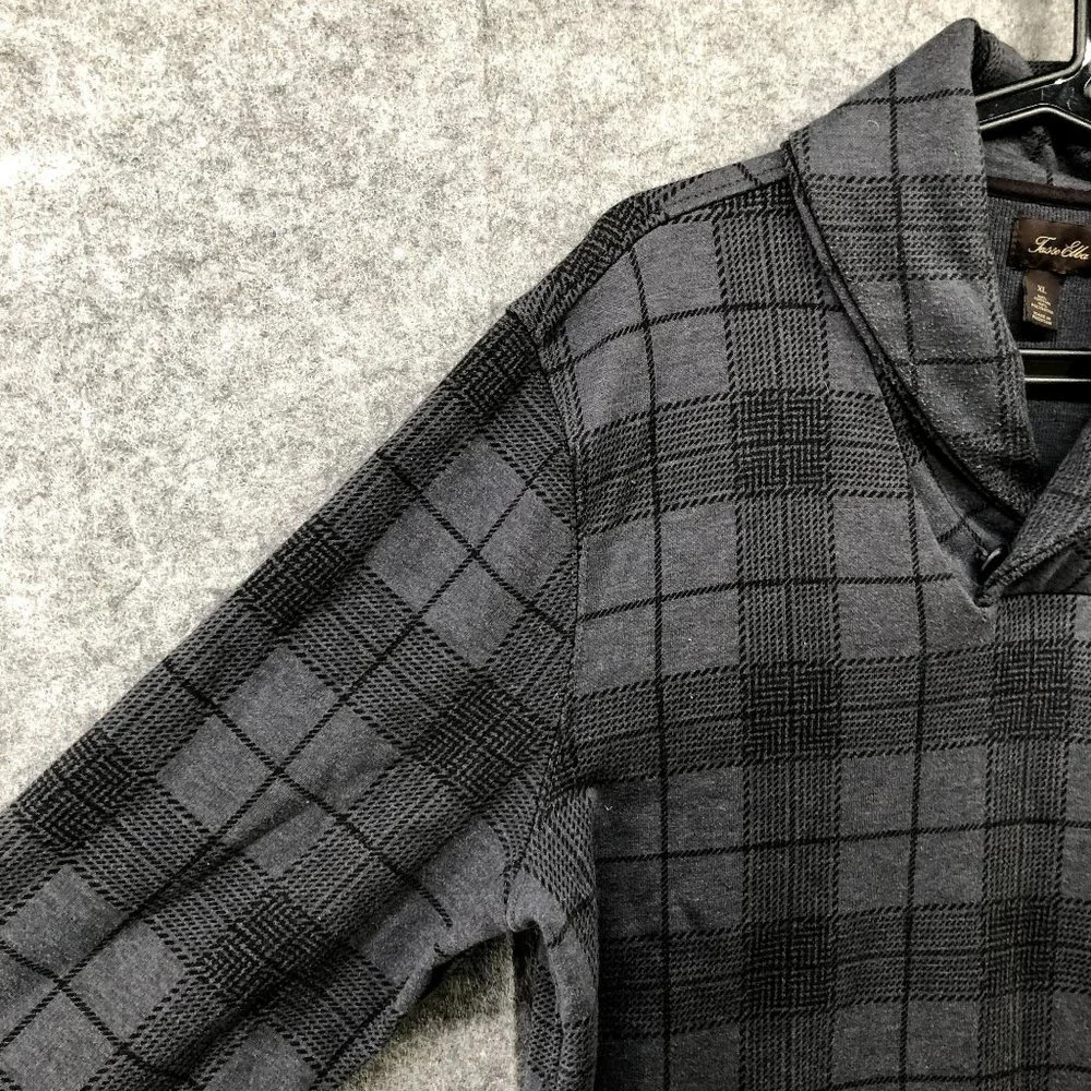 Tasso Elba‎ Shawl Collar Sweatshirt Mens XL Gray Plaid Pullover Cotton Blend